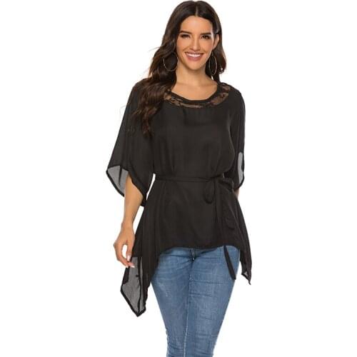 Women Round Neck Office Shirt Casual Solid Color Shirt Short Sleeve Irregular Chiffon Blouse Fashion Loose Blusas With Belt
