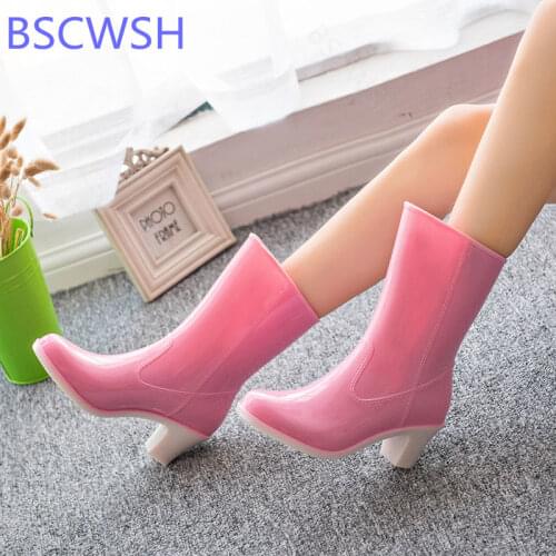 High-heel Rain Boots Women Mid-calf Water Shoes High-tube Boots Ladies Fashion Non-slip Boots Korean Waterproof Shoes