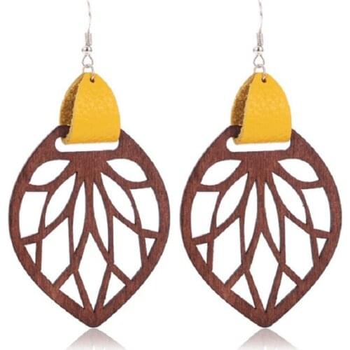 Leather Connector Cutout Wood Leather Teardrop Dangle Drop Earrings for Women