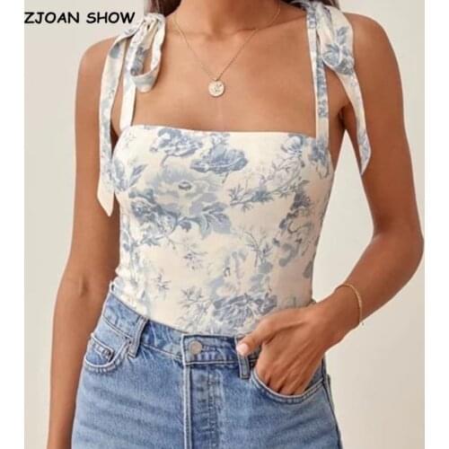 2021 Adjust Bow Strap Blue White Floral Print Camis Women Summer Ruched Short Tank Tops Retro Cool Girl Sexy Slim Crop Top Tees