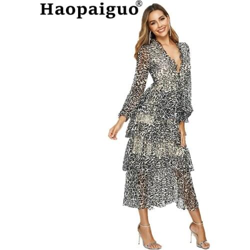 Autumn Print Leopard Dress Women Cake Style Long Sleeve Vacation Chiffon Dress Women Streetwear Loose Long Dresses Ladies Robe