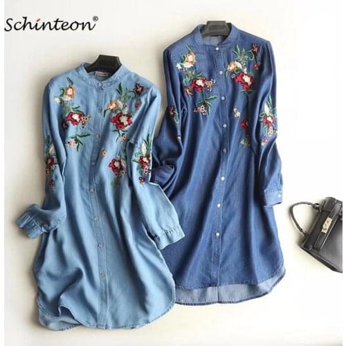 2019 Women Thin Denim Loose Embroidery Dress Long Sleeve Flower Long Blouse Stand Color Split Vintage One Size