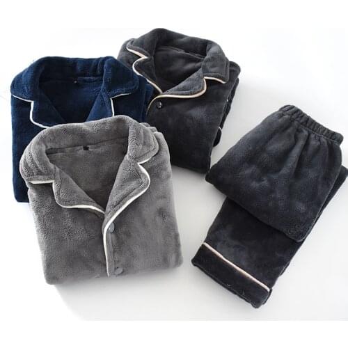 2PC Winter Thick Flannel Men Pajamas Sets Thermal Warm Long Sleeve Trousers Male Homewear Pants Plus Size Coral Fleece Sleepwear