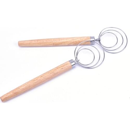 1PCS Stainless Steel Coil Egg Beater Wooden Handle Agitator Dough Whisk Gadget High Quality