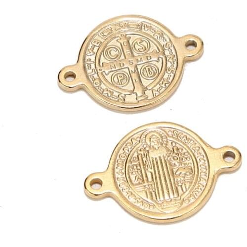 5pcs Stainless Steel Gold Tone 20*15mm Charm Religious Cross Round Connectors For DIY Necklace Bracelet Jewelry Makings Findings