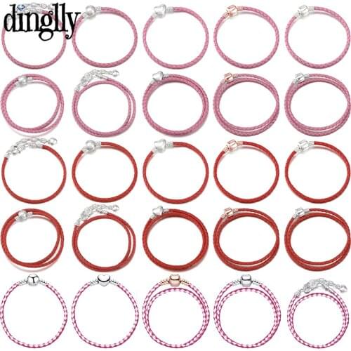 Dinglly High Quality Pink & Red Leather Bracelets For Women Girls Fit diy Beads Charm Original Braided Leather Bracelet Jewelry