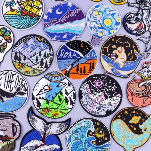 Adventure Patch Travel Patches On Clothes Wave Mountain Patch Van Gogh Badges Iron On Stickers Patches For Clothing DIY Applique