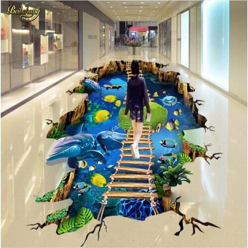 Beibehang Custom photo 3d floor drawing wall mall 3D stereo sea world dolphin ladder floor painting papel de parede