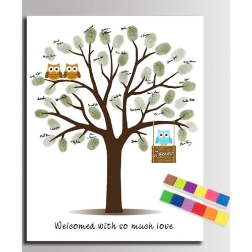 Baby Shower Guest Book Fingerprint Tree Painting Signature Poster Cartoon Owls Tree Baptism Communion Souvenir Canvas painting
