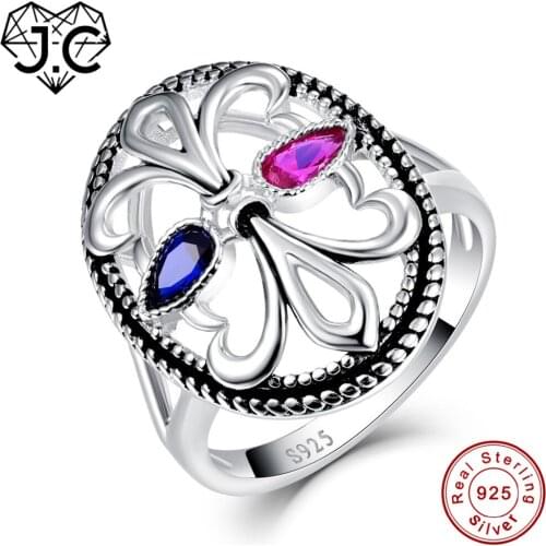J.C For Girlfriend Lover Engagement Gift Fine Jewelry Sapphire & Ruby Black Topaz Solid 925 Sterling Silver Ring Size 6 7 8 9