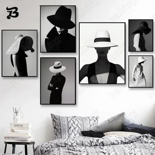 Canvas Painting Black and White Wall Art Fashion Woman with A Hat Canvas Posters and Print Retro Haute Style Pictures Home Decor