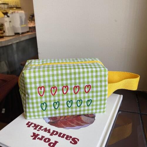 Korea Ins Storage Bag Cosmetic Green Lattice Love Heart Embroidery Cute Kawaii Canvas Portable Folding Sundries Home Storage Box