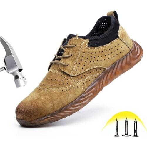 Summer Safety Shoes for Mens Steel Toe Lightweight Soft Sole Breathable Leather Work Boot Shoes for Industrial and Construction