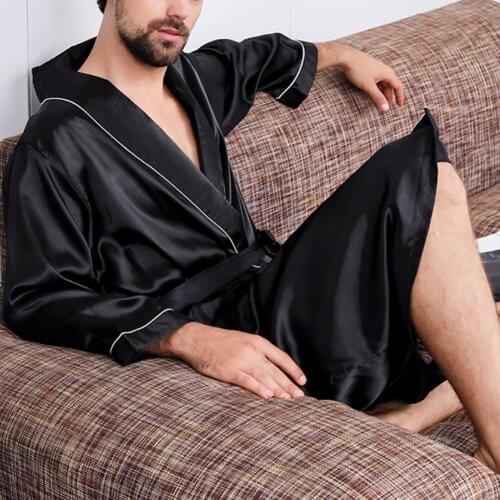 Men Nightgown Long Sleeve Robe Large Size Black Bathrobe Comfortable Sleepwear Imitation Silk with Pockets Waist Belt Home Gown