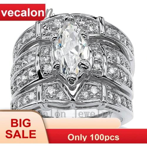 Vecalon Vintage Engagement Wedding band Ring Set for Women Marquise Cut 3ct 5A Zircon cz 14KT White Gold Filled Party ring