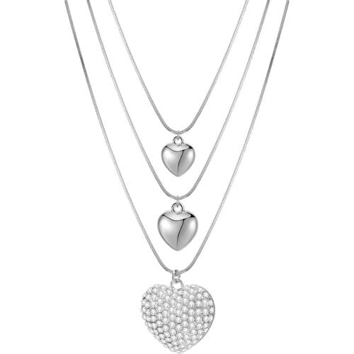 Womens Crystal Heart Pendant Necklaces 3 Layered Long Necklace Silver Color Gold Sweater Chain Accessories Jewelry Gift 2020