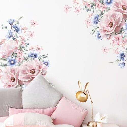 Zollor Pink Blue Flowers And Plants Wall Sticker Bedroom Living room Background Wall Creative Decoration Sticker Removable