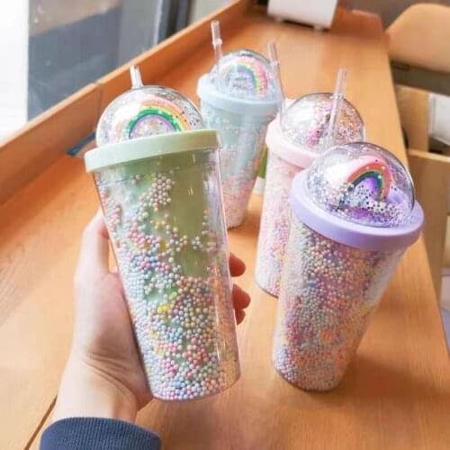 Modern Cute Double Layers Rainbow Plastic Water Bottle With Straw Korean Style Creative Sweet Mug For Milk Coffee Tea Cup