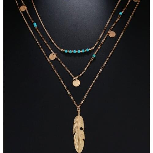 Vienkim Fashion Gold Silver Color Multilayer Necklaces Beads Choker Feather Pendants Necklaces For Women Coin Tassels Bar Bijoux