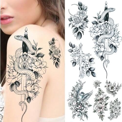 Sword Cross Snake Temporary Tattoos For Women Adults Black Flower Bird Tattoo Sticker Fake Orchid Anemone Dahlia Tatoos Arm Leg