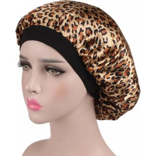 Women Satin Night Beauty Salon Sleep Shower Cap Cover Leopard Print Hair Hat Silk Head Wide Elastic Band Springy Hair Cap