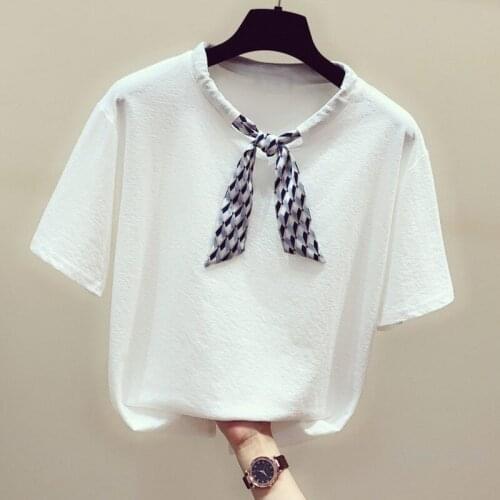 Plus Size Summer New Elegant Drawstring Scarf Round Neck T-shirt for Women Casual All-Match White Top Camisetas De Mujer 2021