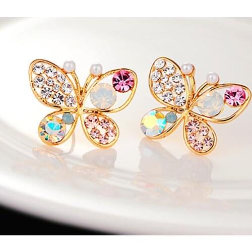 30 pairs/lot Crystal Rhinestone Butterfly Stud Earrings Women Gold Color Zircon Simulated Pearl Hollow Charm Fashion Jewelry
