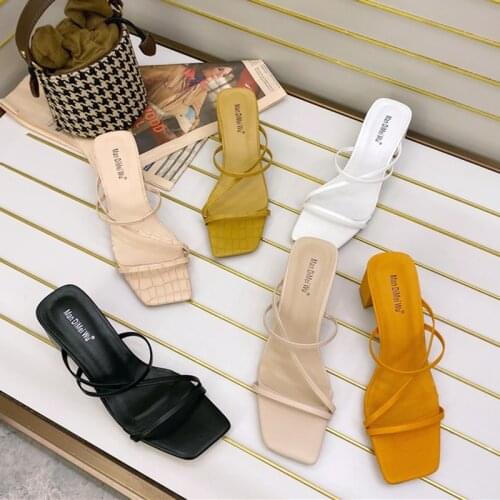 2021 New Fashion Thin Heels Slippers Women Candy Color Slides High Heel Brand Narrow Band Sandal Party Shoes Sandalias Mujeres