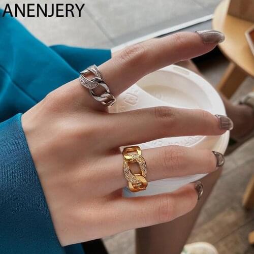 ANENJERY 925 Sterling Silver Micro Zircon Hollow Chain Ring for Women Elegant Temperament Open Ring French Jewelry Gift