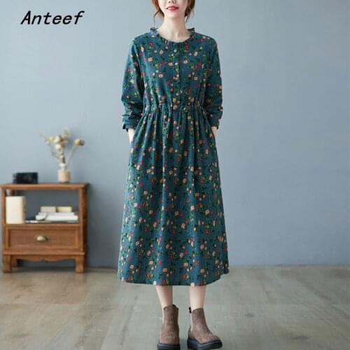 Long sleeve plus size cotton linen vintage floral dresses for women casual loose spring autumn dress elegant clothing 2021