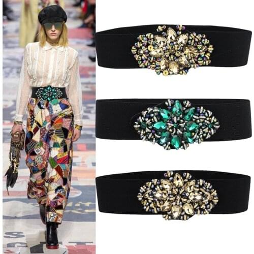 2019 New Arrival Designer Luxury Crystal Elastic Women Wide Belt with rhinestone Elegant belts for women High Qualit SD239