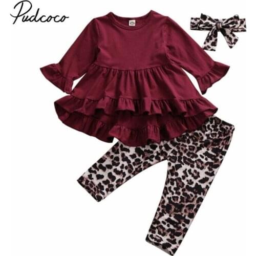 2019 Baby Spring Autumn Clothing Toddler Baby Girl Clothes Flare Long Sleeve Tops Dress Leopard Pants Headband 3Pcs Outfits 1-6T