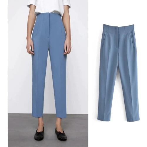 Candy Colors Za 2021 Pencil Pants Women High Waisted Pants Chic Zip Elegant Pockets Pleated Khaki Casual Woman Pants WP5702
