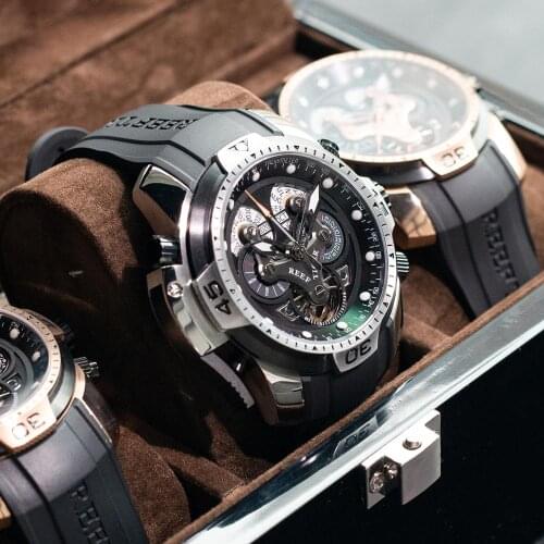 Reef Tiger/RT Mens Military Watch with Year Month Week Day Calendar Steel Complicated Black Dial Automatic Watches RGA3503