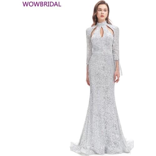 Elegant High Neck Long Sleeve Sequined Maxi Dress Floor Length Stretch Banquet Dress Silver Hollow Tassel Evening Dress