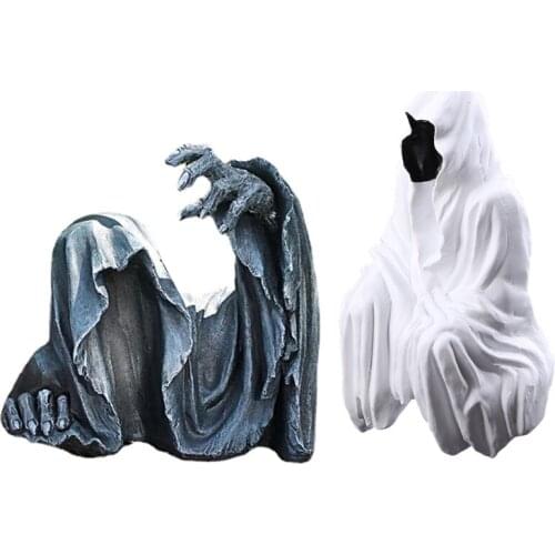 B0KB Gothic Reaping Statue Sitting Figurine Resin Desktop Ornament Indoor Outdoor for Garden Office Home Decoration