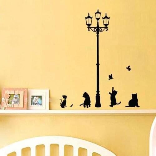 Cute 4 Cats under Street Light playing with butterfly Wall Sticker for Living Room Art Home Decoration on the Wall for Kids Room