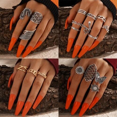 Docona Ancient Silver Color Angel Wings Butterfly Rings Set for Women Gothic Geometry Hollow Snake Finger Rings Jewelry кольца