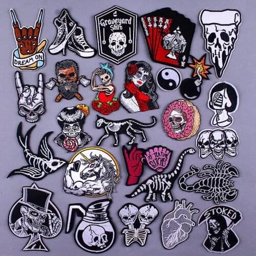 Punk Rock Embroirdered Patches For Clothing Hippie Badges Iron On Patches On Clothes Embroidery Punk Clothing Skull Patch Stripe