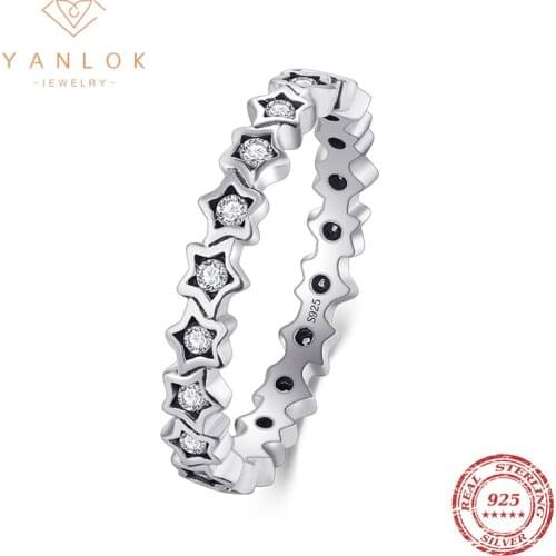 YANLOK 2021 New Vintage Ring 100% 925 Sterling Silver Vintage Stars Stackable Elegant Finger Rings For Women Silver Jewelry Anel
