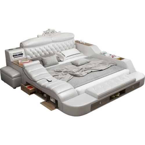 Bed frame camas кровать двуспальная beds wireless charging air cleaner purifier massage genuine leather speaker Bluetooth safe