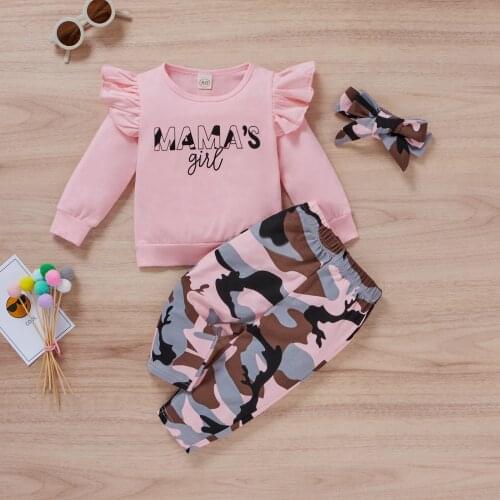 1-5 Years Autumn Baby Girls Clothes Set Letter Print Long Sleeve O-neck T-shirt+Camouflage Trousers+Bow-knot Headband