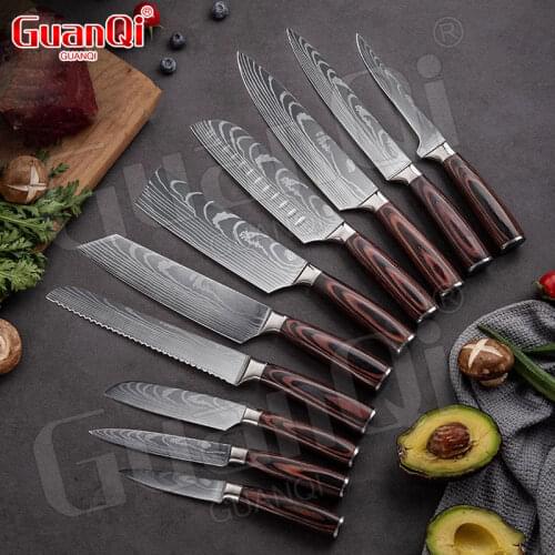 Professional Chef Knives 1-10 Pcs Kitchen Knives Set Laser Damascus Pattern Cleaver Slicing Utility Knife Japanese Santoku Knife