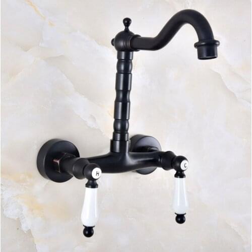 Kitchen Wet Bar Bathroom Vessel Sink Faucet Black Oil Rubbed Brass Wall Mounted Swivel Spout Mixer Tap Dual Ceramic Lever mnf824