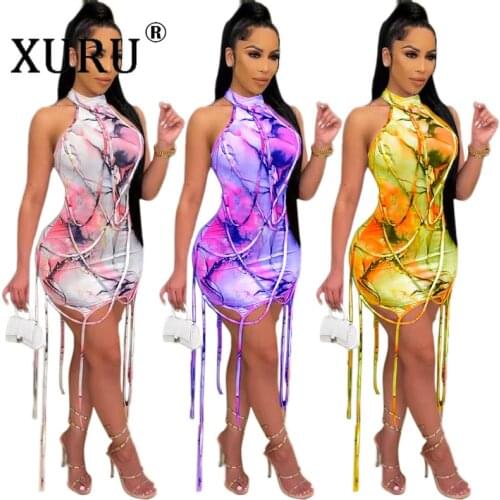 XURU Tie-dye Printing Sleeveless Ribbon Dress European and American New Style Womens Dress Sexy Slim Fit Hip Dress