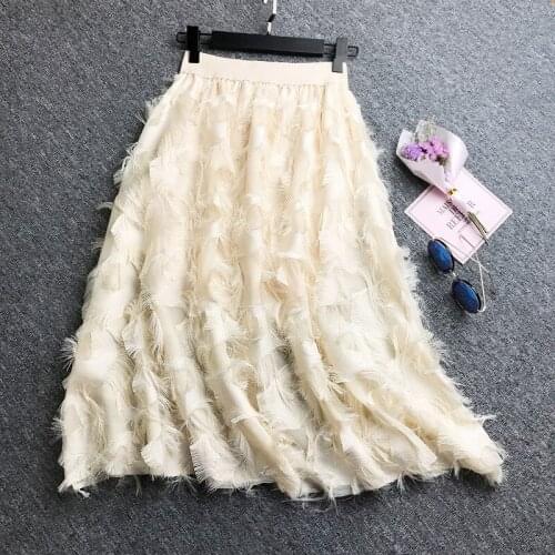New Feather Pattern Tassels High Waist Skirt Herben Style Elegant Slim Long Skirts Women Chiffon Skirt Pink Khaki Pink Black