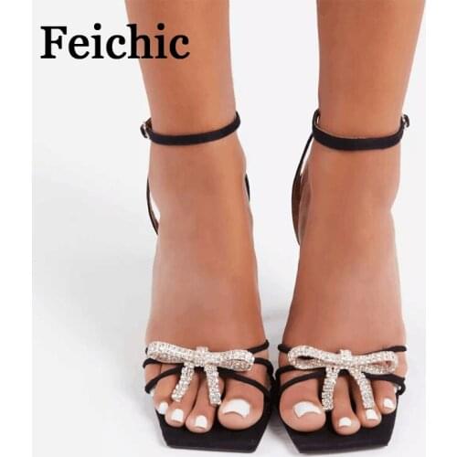FeichicSummer sandals new style black high-heeled stiletto bow rhinestone fashion large size women shoes for women 2022sandals