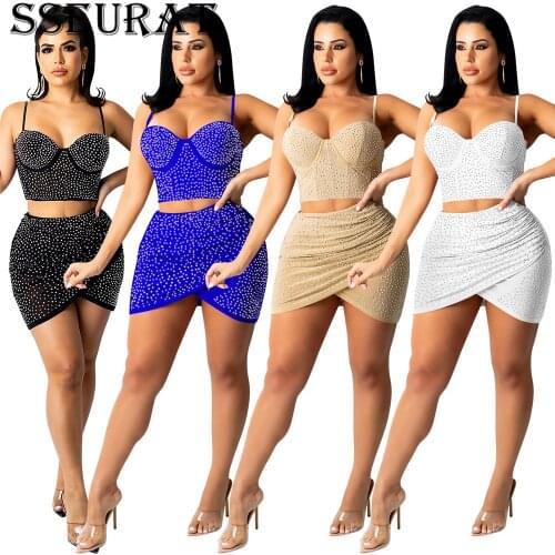 SSEURAT Women Set Solid Diamonds Sleeveless Strap Zip Crop Tops Mini Skirts Two Piece Sets Sexy Night Party Vestidos Summer