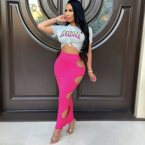 Letter Printing Bandage Summer 2 Pieces Sets Women Hot Sexy Short Sleeve T-shirtsside Hollow Maxi Skirts Midnight Clubwear New