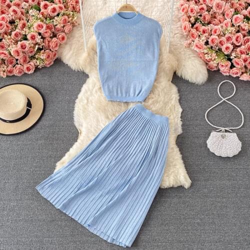 Knit Set 2021 High Waist All-Match Fashion Pleated Knitted Skirt Womens Two Piece Suit Sleeveless Round Neck Top Summer zh1382